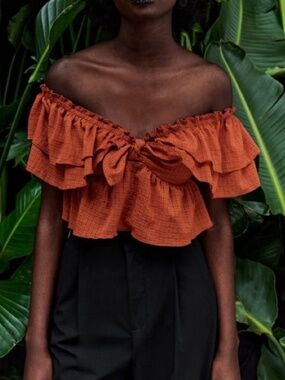Zara Burnt Orange Off-Shoulder Ruffle Tie-Front Crop Top XS